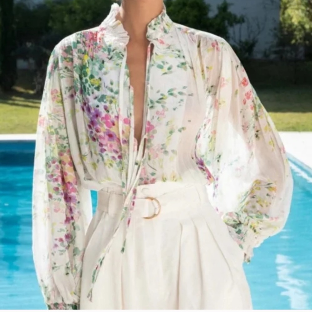 Anthropologie White Floral Tie-Front Blouse - Picture 4 of 13